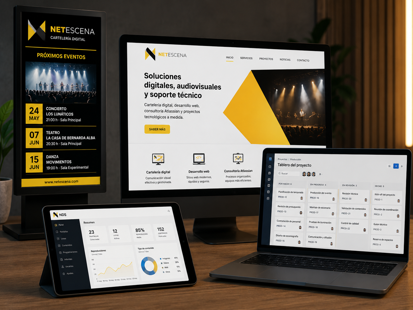 Mockup de servicios digitales y audiovisuales de Netescena